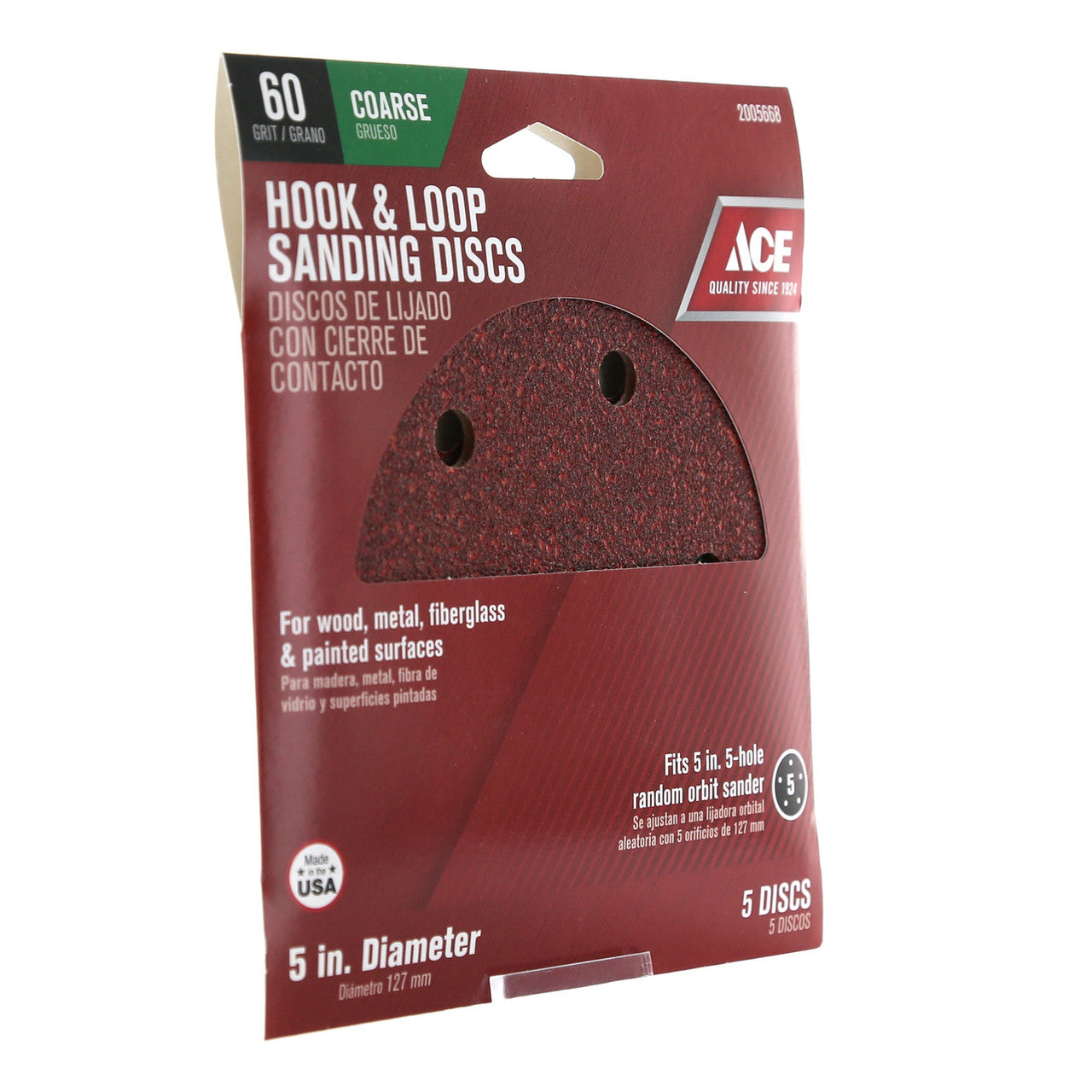 Ace 5 in. Aluminum Oxide Hook and Loop Sanding Disc 60 Grit Coarse 5 pk